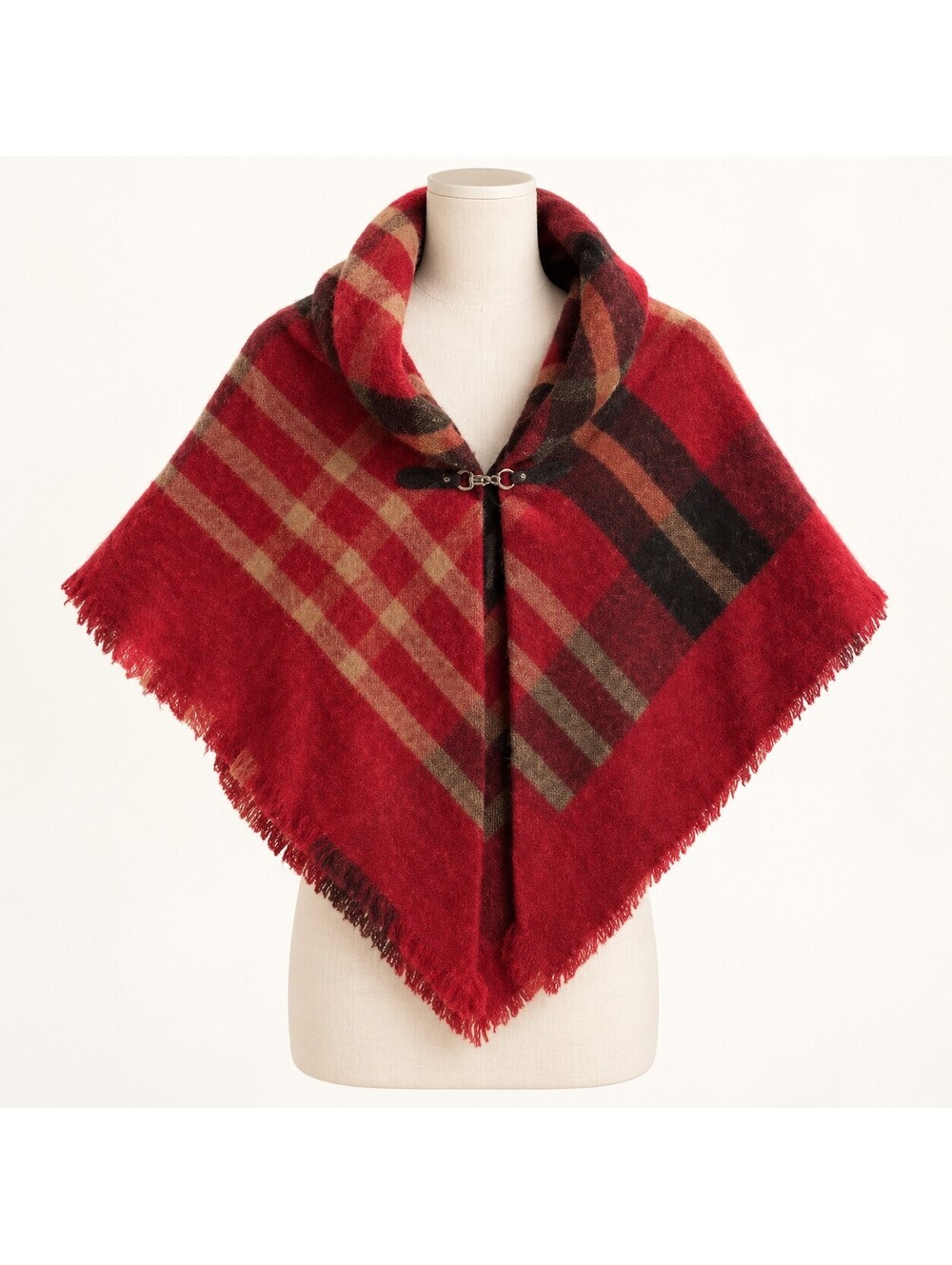 NWT MODENA Red Plaid Short Poncho Cape with Clasp — One Size